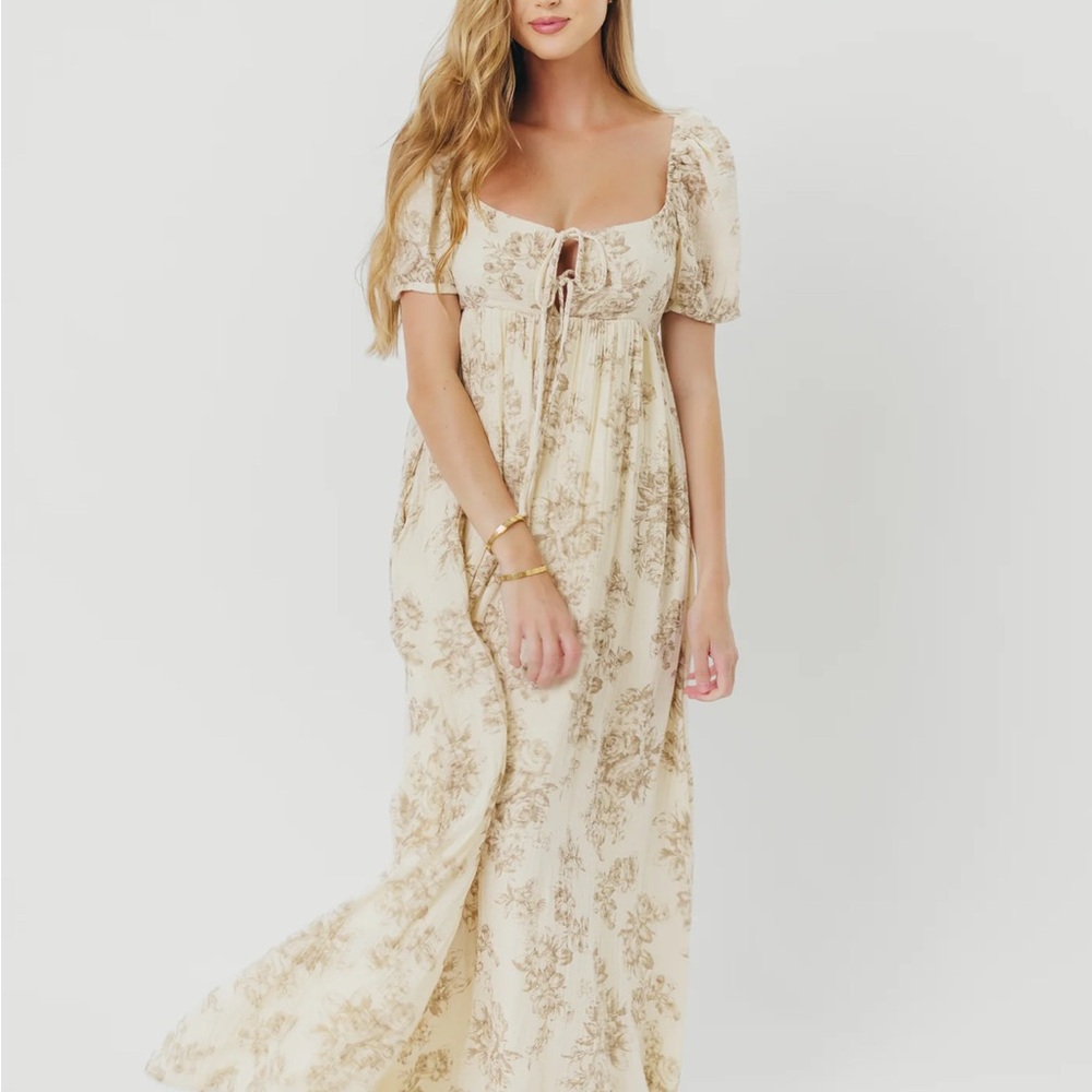 Haven 100% Cotton Tie-Front Maxi Dress in Taupe/Brown Floral - Bump Friendly